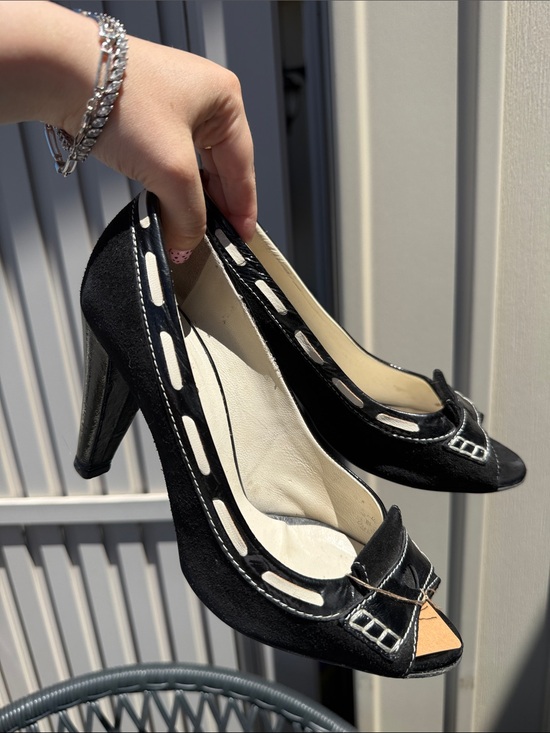 Moschino Shoes - Moschino Jeans Black Suede Peep-Toe Women's Heels with Contrast Trim